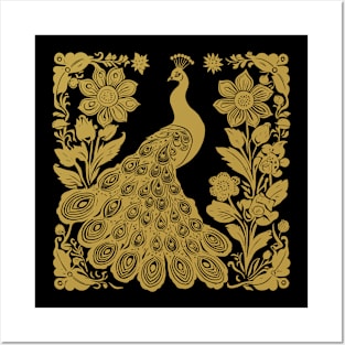 Mustard Yellow Block Print Peacock with Flowers Posters and Art